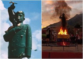 Venezolanos derriban estatuas de Chávez en protestas ocntra el resultado de las presidenciales